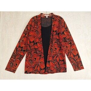 JM Collection Womens XL Floral Red Stretch Layered Long Sleeve Top Acetate Gold